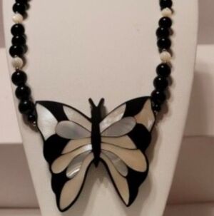 Vintage Lee Sands Inlay Mother Of Pearl Butterfly Necklace